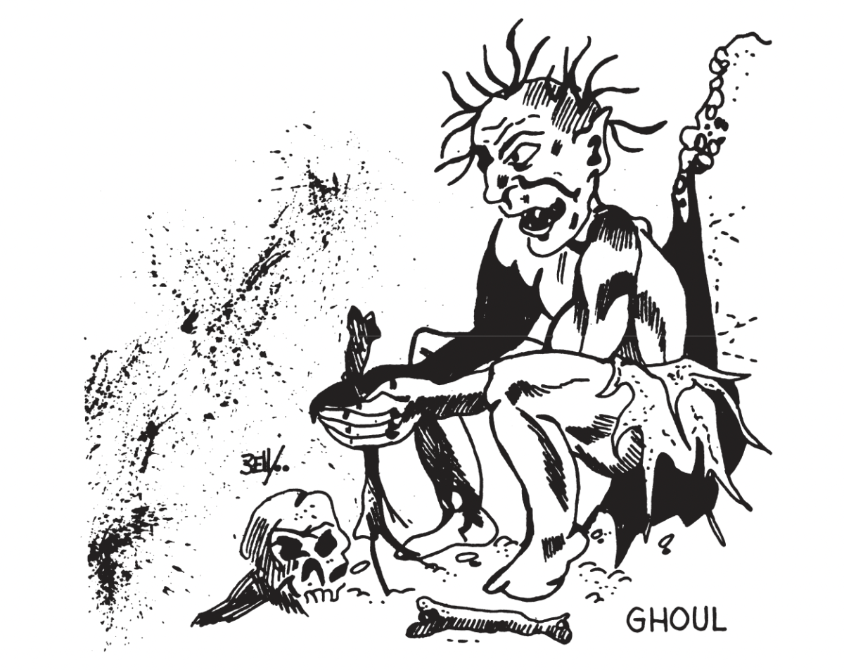 Ghoul from OD&D Supplement 1: Greyhawk. It's a weird little black and white drawing, of a guy, sitting down, seemingly eating a femur, human bones strewn about him.