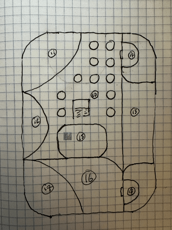 Map of Level 3 of my dungeon. It in the chape of an airpod case turned on its side.