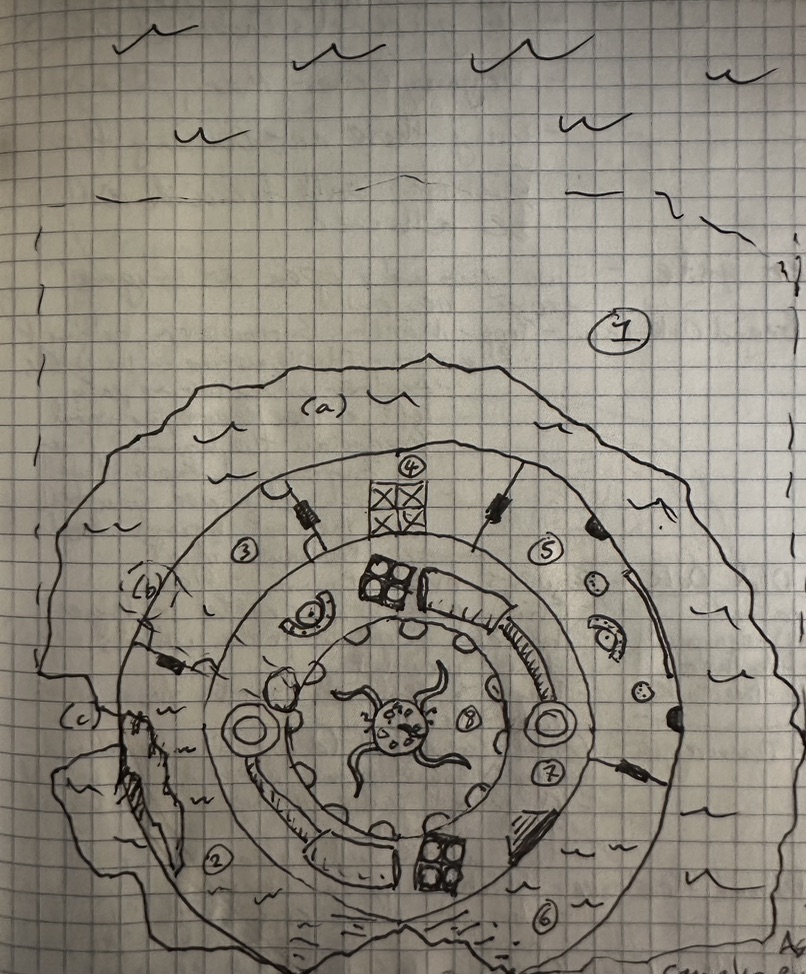 My map of the alien ship crashed into a sea cave - the final level in my dungeon. It looks like a flying saucer with a crumpled hull at the bottom of the map.