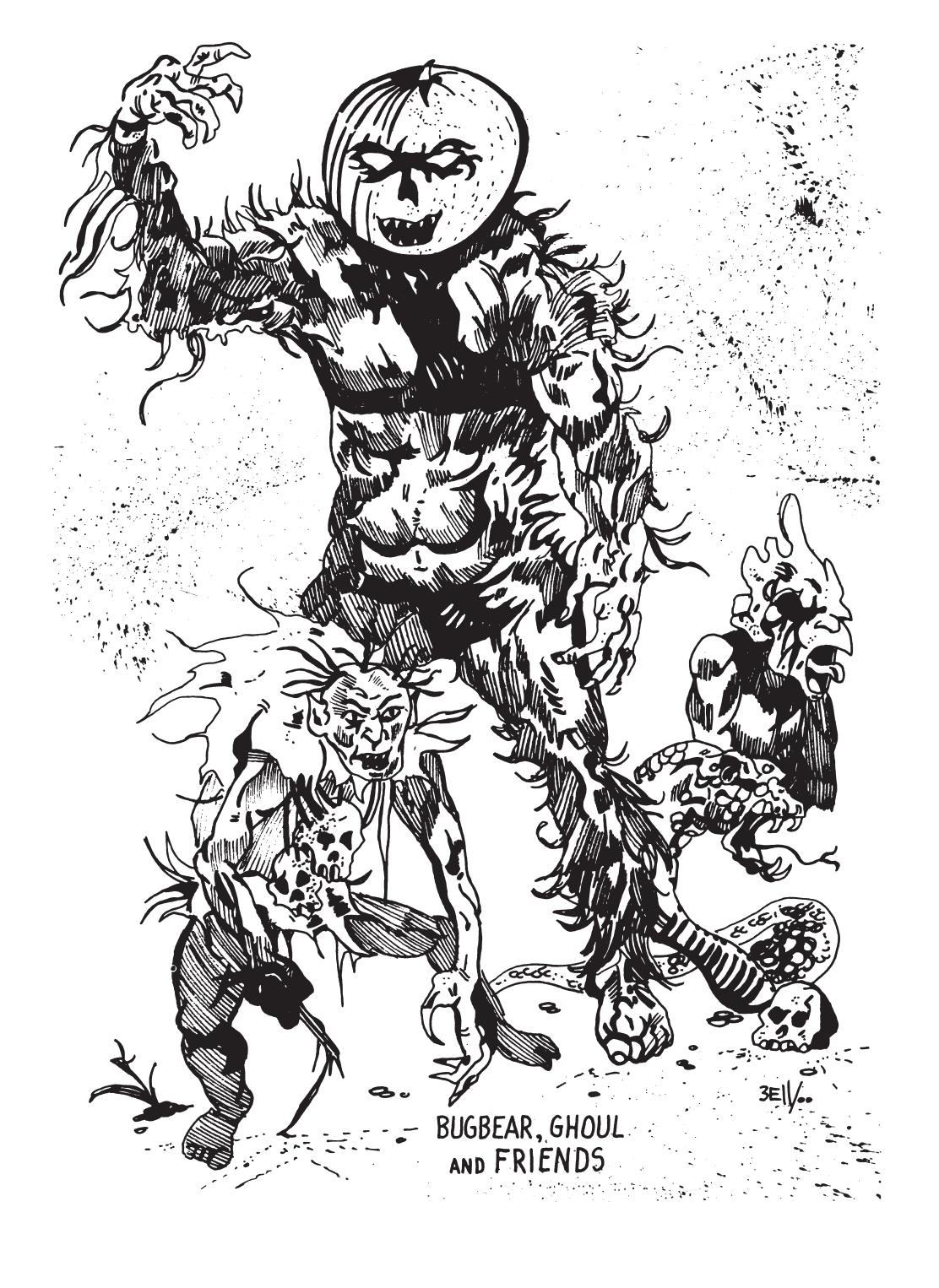 Bugbear, ghoul and friends. An illustration in black and white fromt he OD&D Grehawk supplement. The bugbear has a pumpkin head and the ghoul looks like and insane jester. The friends look a snake of some kind and a gargoyle with an eye put out.