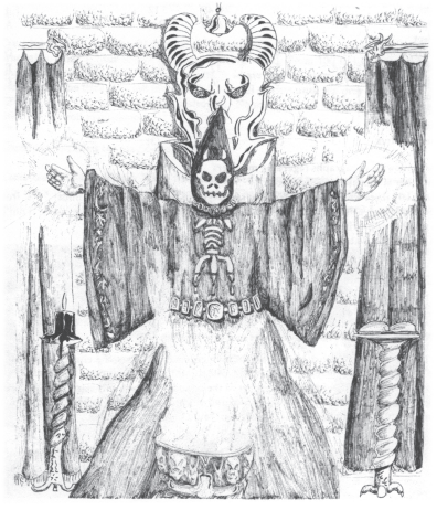 Illustration of a lich from OD&D supplement III, Eldritch Wizardy. The robed undead wizard stands with arms stretched out to either side, hands aglow.