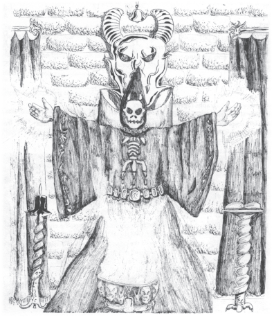 Illustration of a lich from OD&D supplement III, Eldritch Wizardy. The robed undead wizard stands with arms stretched out to either side, hands aglow.