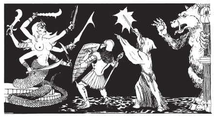Illustration from OD&D supplement III, Eldritch Wizardy. A fighter with a aword and shield and a magic user with a glowing wand face-off against a serpentine demoness with six arms and many weapons as a monster attacks from the rear.