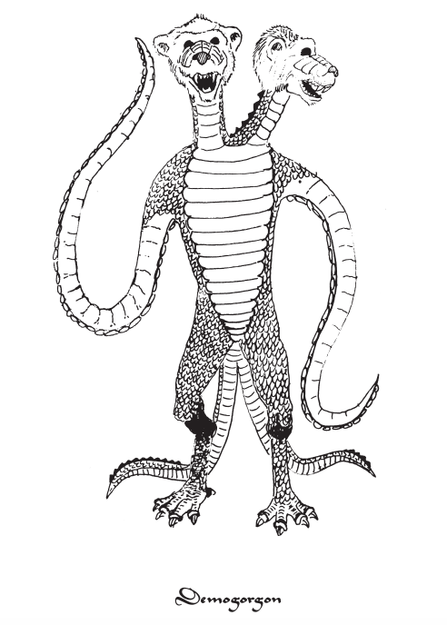 Illustration from OD&D supplement III, Eldritch Wizardy. A Demogorgon. It has two baboon-like heads, a reptilian body, tentacles for arms, chicken legs and two reptilian tails.