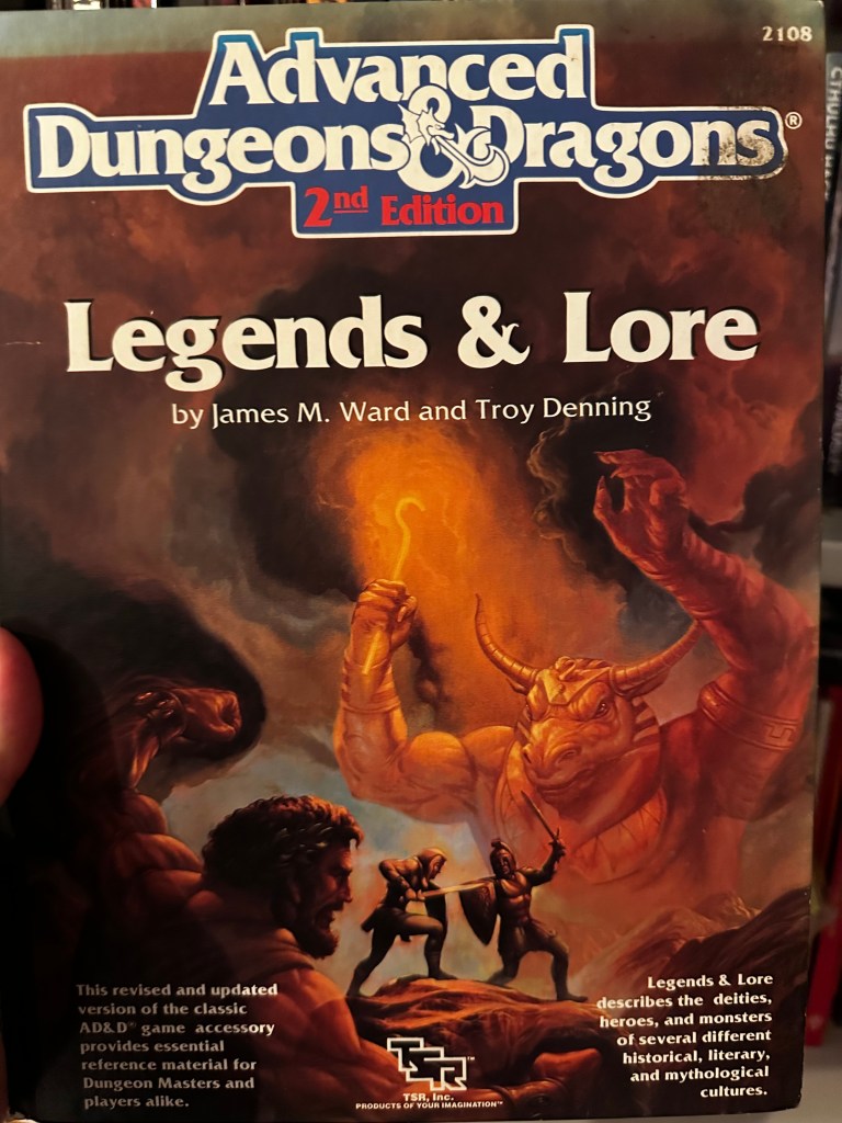 Cover of Clegends and Lore for AD&D 2E. It has a big bull deity on it, frightening mortals.