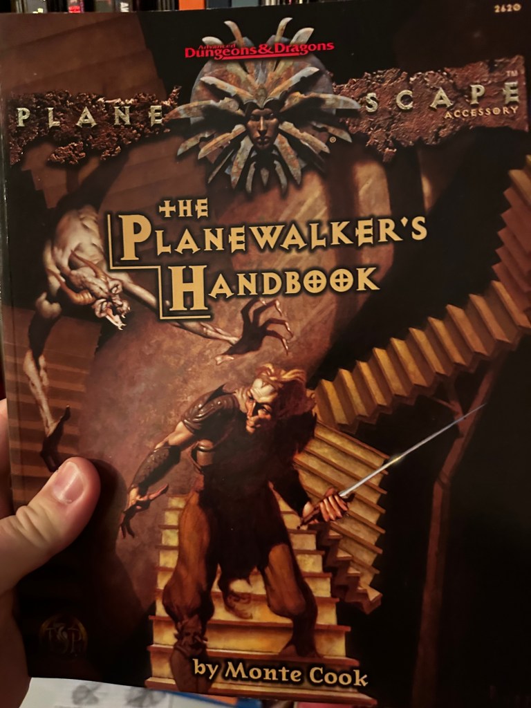 Planewalker's handbook cover - has a guy in an MC Escher nightmare.