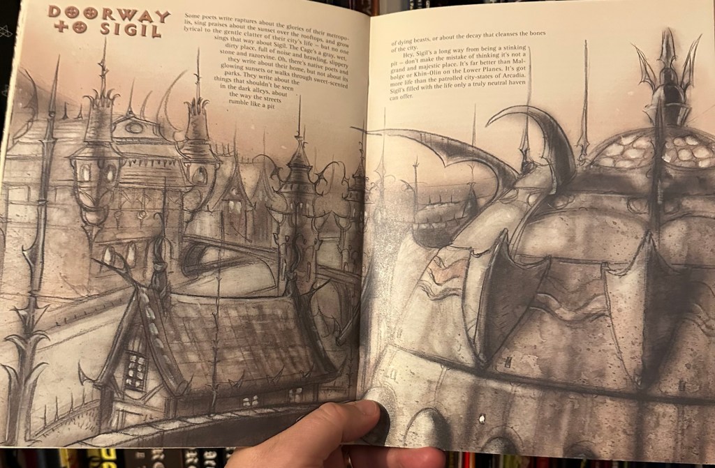 An illustration of the rooftops of Sigil from the book, Sigil and Beyond from the Planescape Boxed Set. It is entitled Doorway to Sigil.