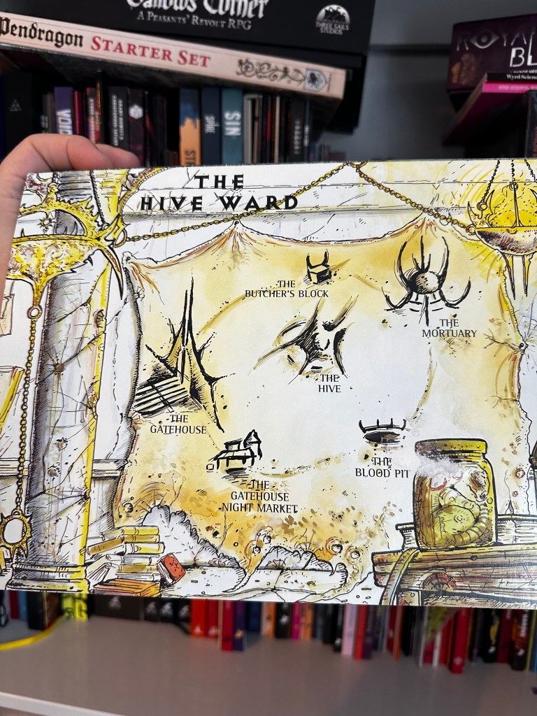The Point Crawl Map of the Hive Ward. Locations include the Butcher's Block, the Mortuary and the Blood Pit.