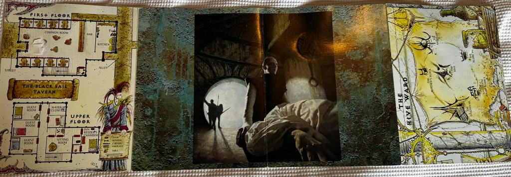 The outside of the Eternal Boundary DM Screen. Coppery Green background. A pale, bald dustman pushes a gurney with a sheet-covered corpse in the foreground. The silhouettes of adventurers peek through an archway in the background.