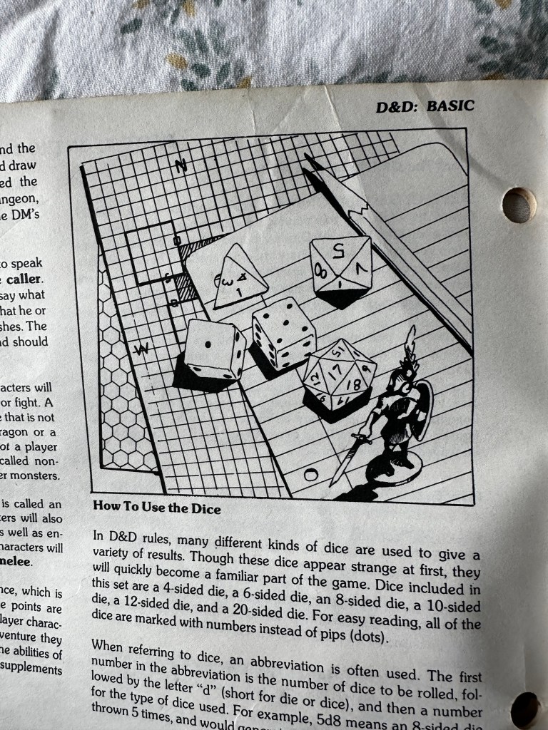 How to use the dice. Black and white illustration depicting some polyhedral dice, a mini, a pencil and some paper