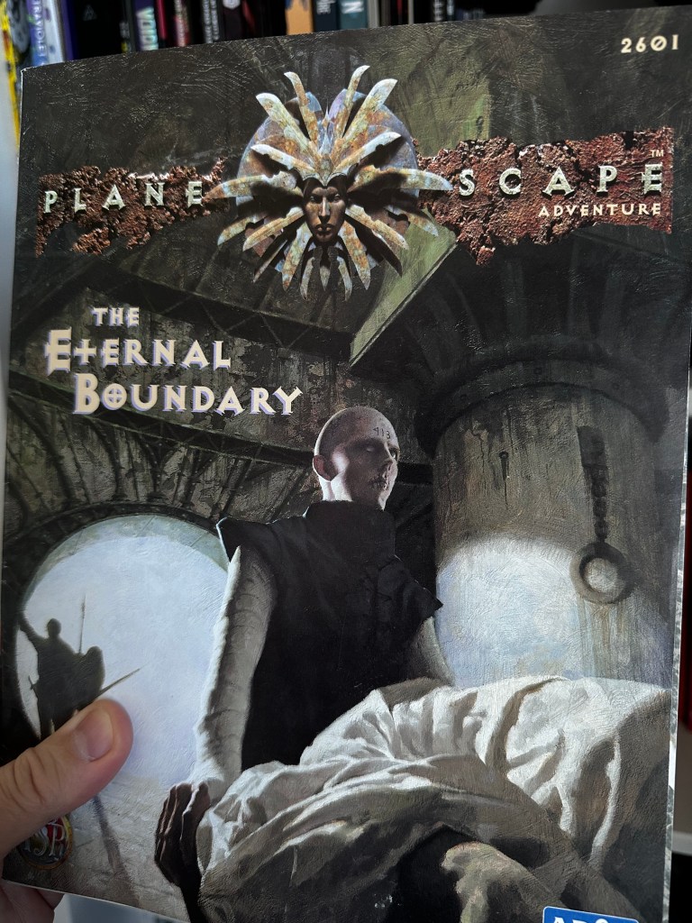 The cover of Planescape adventure, the Eternal Boundary. A pale, bald dustman pushes a gurney with a sheet-covered corpse in the foreground. The silhouettes of adventurers peek through an archway in the background.