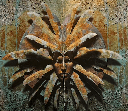 The visage of the Lady of Pain from the front of the Planescape DM screen. It is the face of a severe looking woman surrounded by a head-dress of blades. It looks like its made of verdigris-tinged copper.