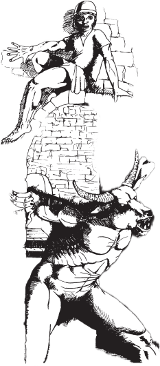 Illustration from OD&D supplement III, Eldritch Wizardy. A rampaging minotaur charges through an archway. A terrified thief hides atop the arch.