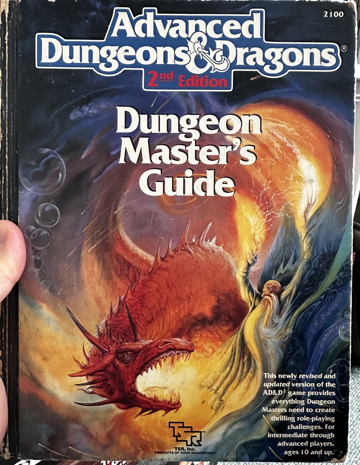 AD&D 2nd Edition Dungeon Master's Guide cover. A wizard with a long, white beard battles a red dragon
