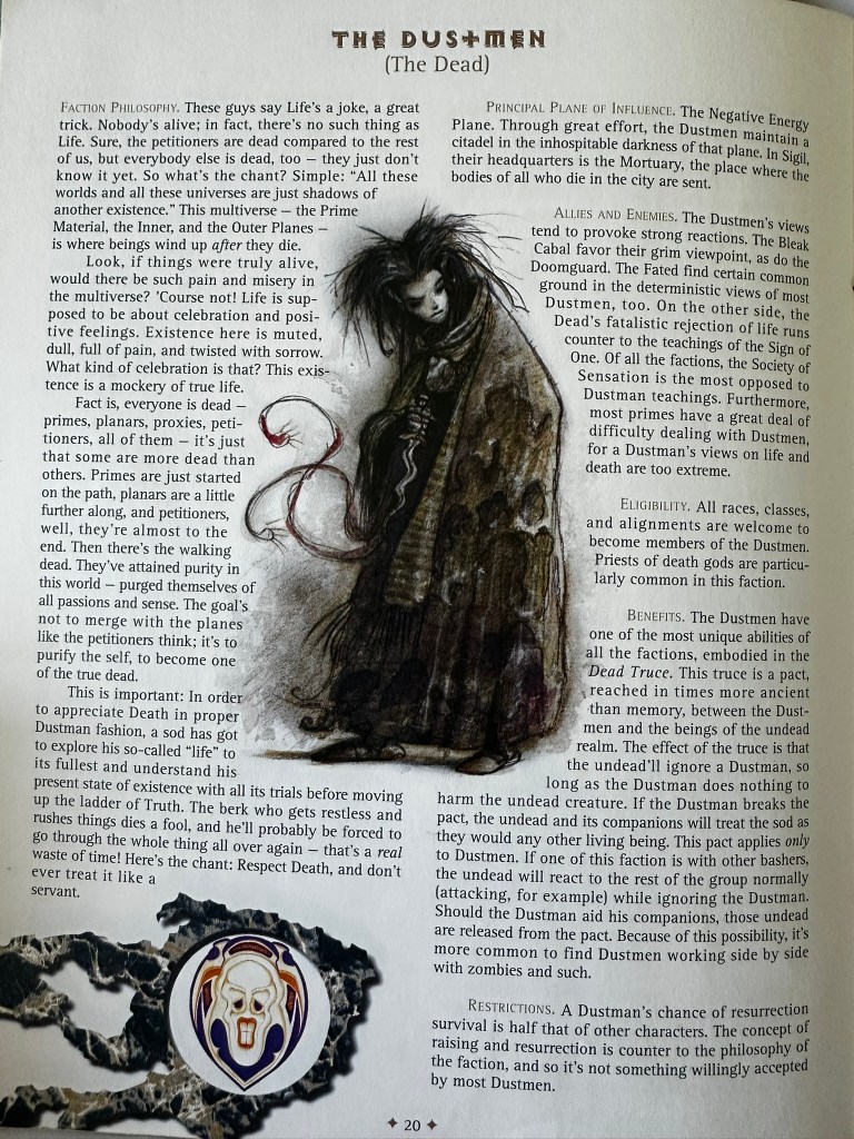 Page from the Player's Guide to the Planes from the original Planescape boxed Set. It describes the Dustmen. The illustration is of a Curehead in a long dark robe.
