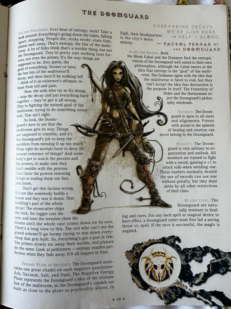 Page from the Player's Guide to the Planes from the original Planescape boxed Set. It describes the faction, the Doomguard. The illustration is of a dark haired humanoid woman holding a knife.