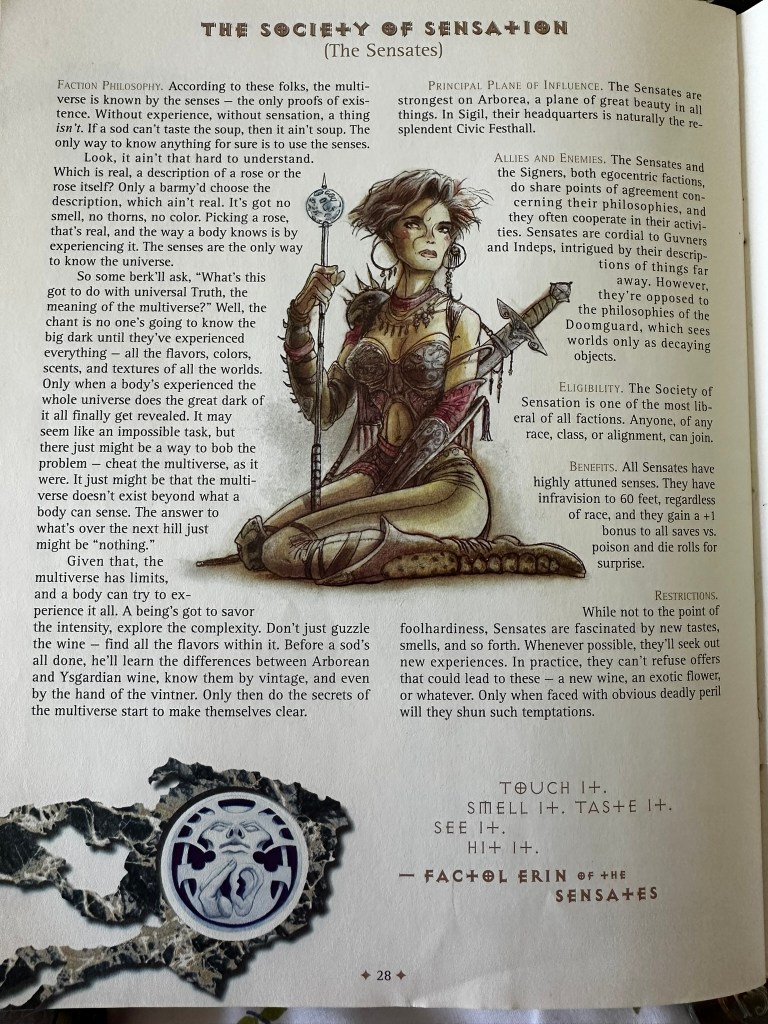 Page from the Player's Guide to the Planes from the original Planescape boxed Set. It describes the faction, the Society of Sensation. The illustration is of a human wiman kneeling and holding a sceptre.