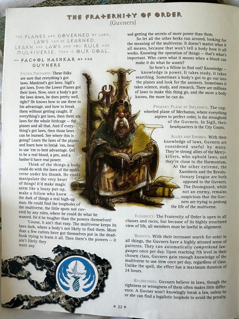 Page from the Player's Guide to the Planes from the original Planescape boxed Set. It describes the Faction, the Fraternity of Order. The illustration is of a human man with a headress and a white mustache, sitting in a chair holding a book.