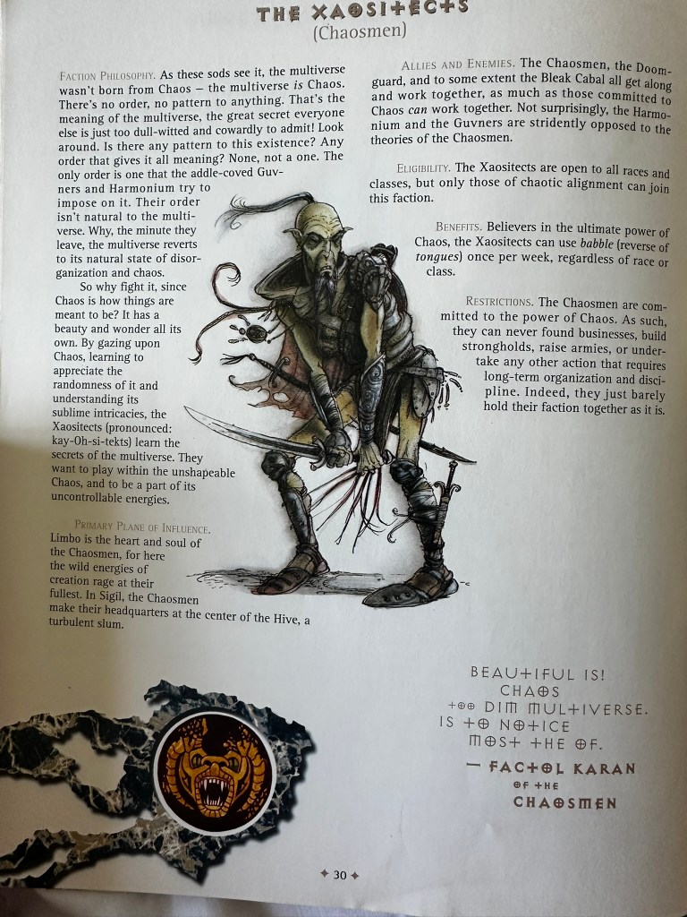 Page from the Player's Guide to the Planes from the original Planescape boxed Set. It describes the faction, the Xaositects. The illustration is of a githzerai with a sword