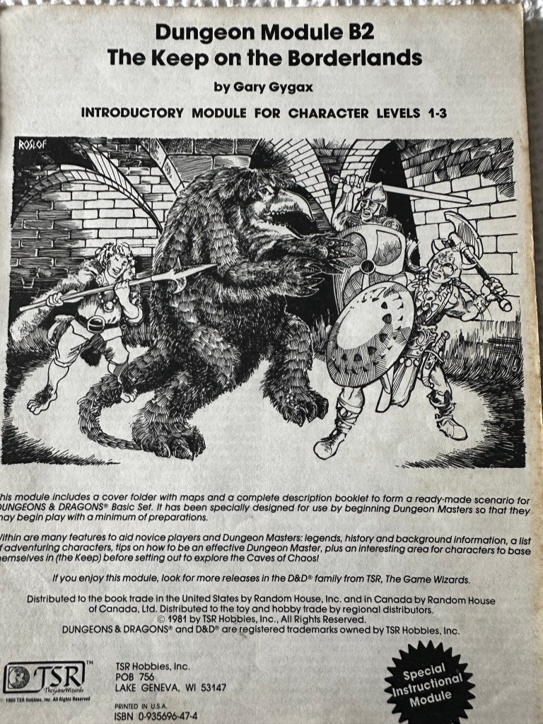 The About page of the Keep on the Borderlands - inlcudes a gnraly illustration of a band of adventurers fighting an owlbear in a dungeon.