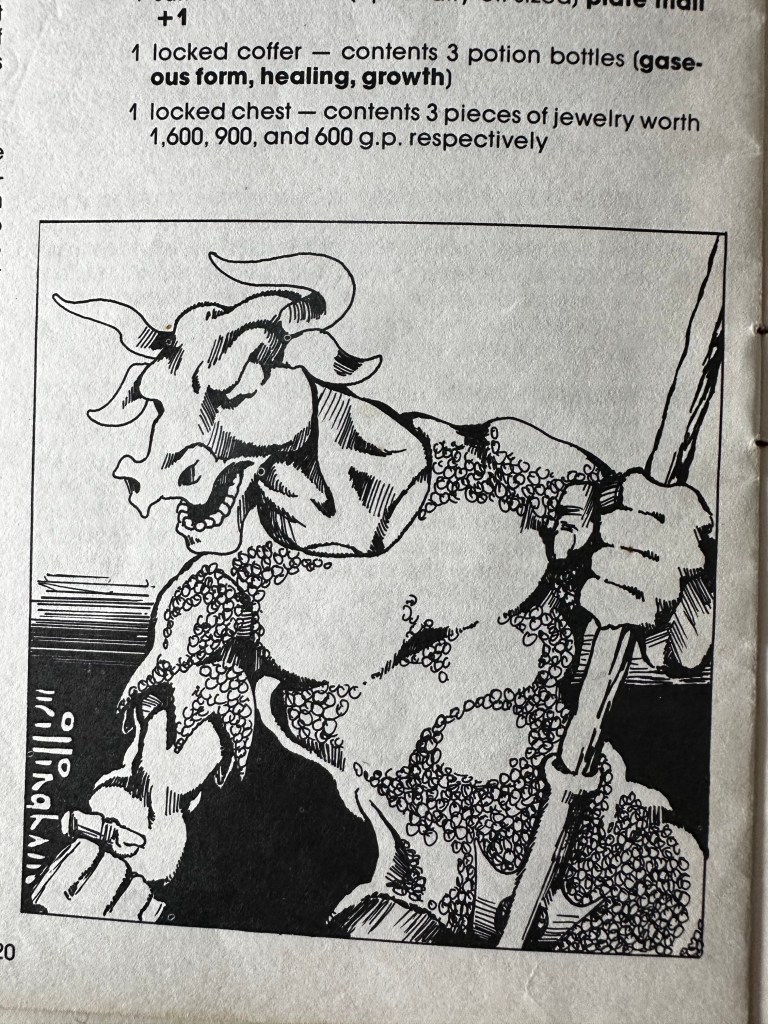 An illustration of a minotaur, GHolds a weapon. Looks angry,