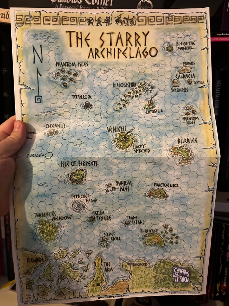 Map of the Starry Archipelago. A number of green islands dotted acorss a blue sea.