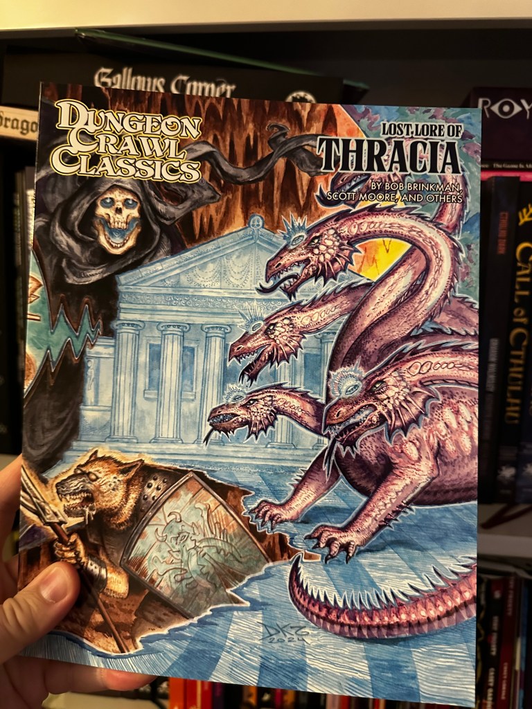 The cover of Lost Lore of Thracia, a purple five-headed hydra with glowing blue stones adorning each head is in profile before a white, grecian temple. The specre of death looms behind, while a gnolll-like warrior appears to emerge from a tear in the ground.
