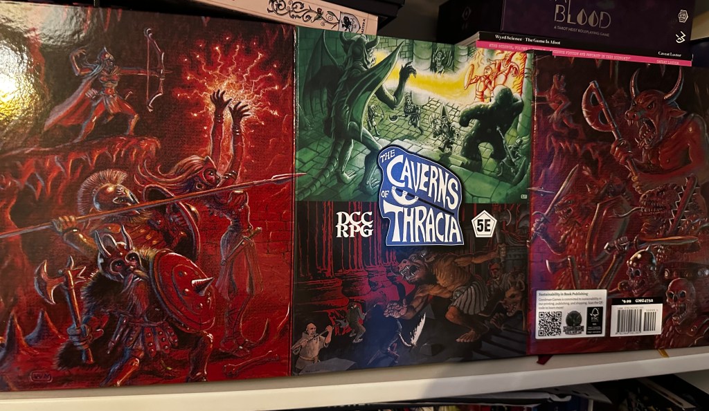 The Caverns of Thracia GM Screen. The left hand side shows a number of adventurers getting ready to attack the horde of monsters depicted on the right hand side. In the middle, there are two illustrations, one of a fire-breathing gargoyle frying some poor adventurers and another of a montaur attack.