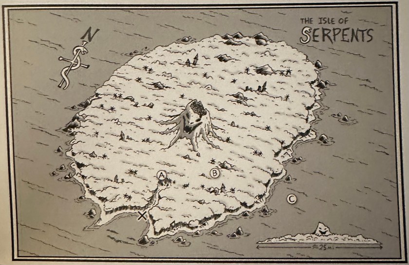 The map of the isle of Serpents. It is vaguely oblong with a volcano with a face in the middle. No hexes.