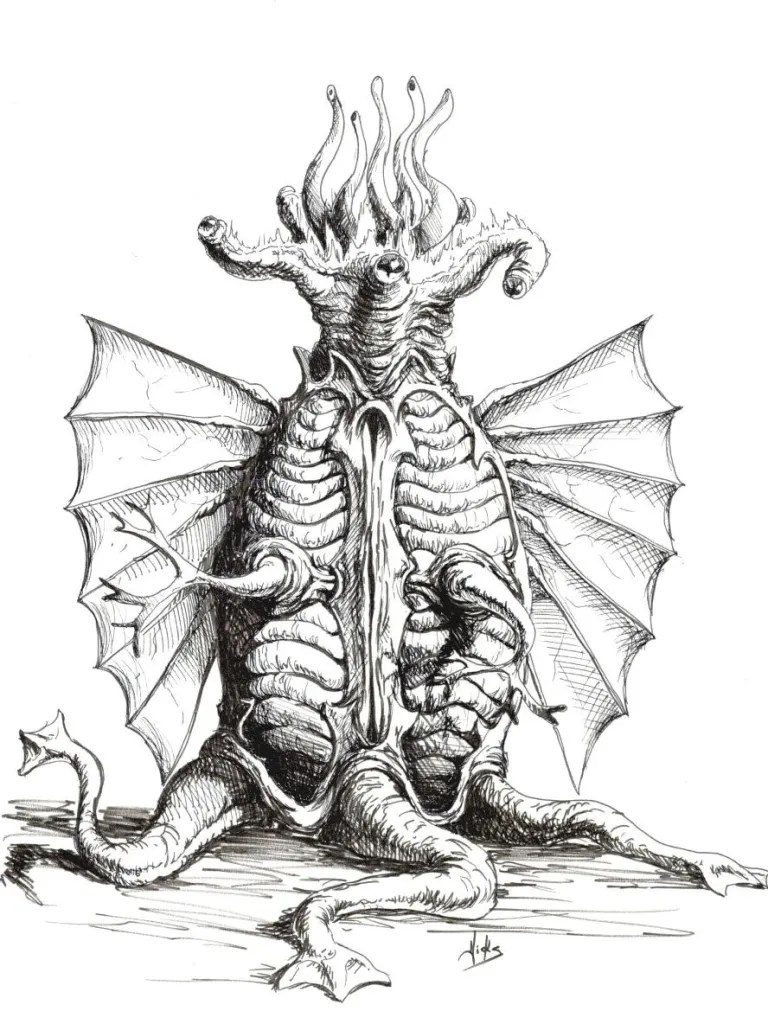 The Elder Thing: This ancient race has inhabited the earth for many millions of years and may have created life on earth as it appears today. Older creatures prefer water as their habitat, but can also move effortlessly on land and even fly.
The appearance resembles a cylindrical shape a good two meters high, the ends of each tapering slightly, so that an Elder Thing resembles almost a barrel. Furrows and ridges cover the body with strange growths, and the wings and strange head, shaped like a five-pointed starfish, give the creature characteristics of both animal and plant life.
The Elder Things established at least one major city in Antarctica and created the Shoggoths there who used them as slaves. During the millions of years of their existence on Earth, the Elder Things fought many conflicts, but now seem to have retired. From: https://cthulhueternal.com/creatures/elder-thing/
