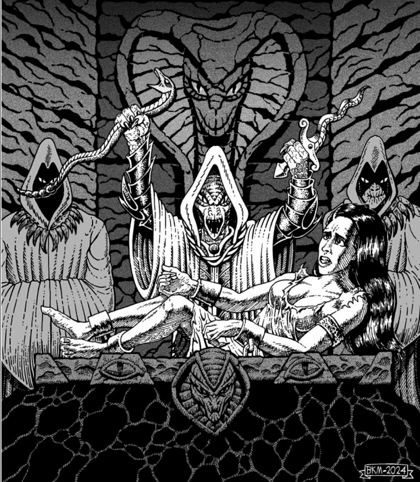 Three Serpent-folk performing a sacrifice of a human woman chained to an altar.