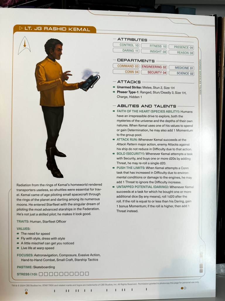 Rashid Kemal, human pilot character sheet