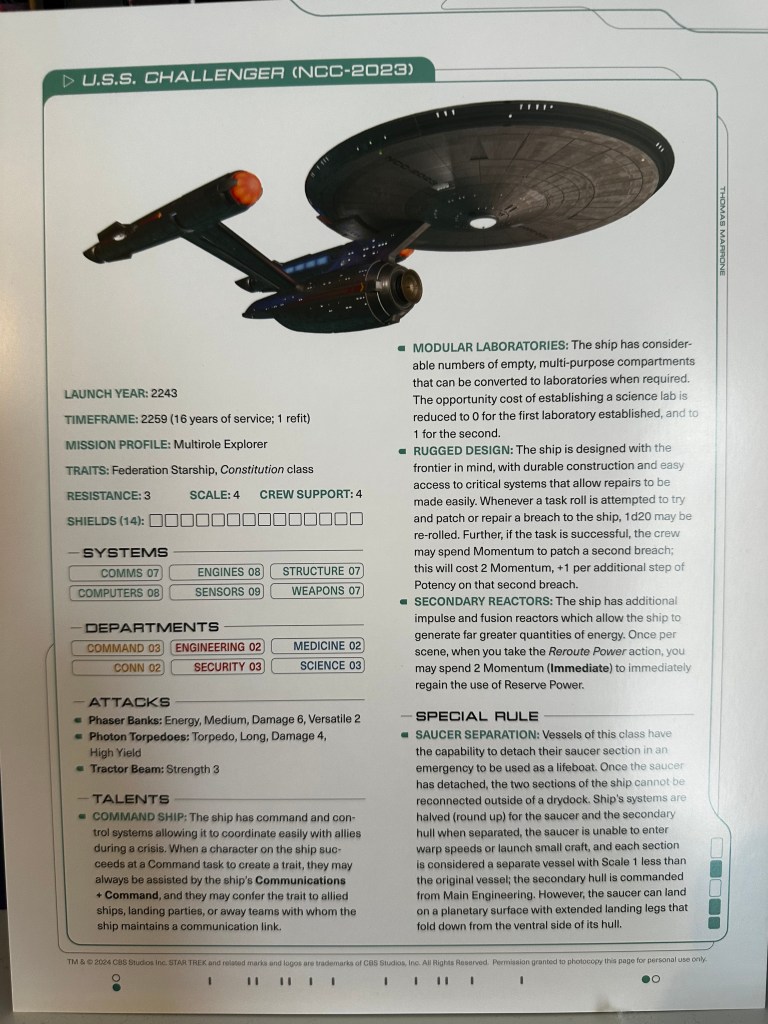 USS Challenger Ship Sheet
