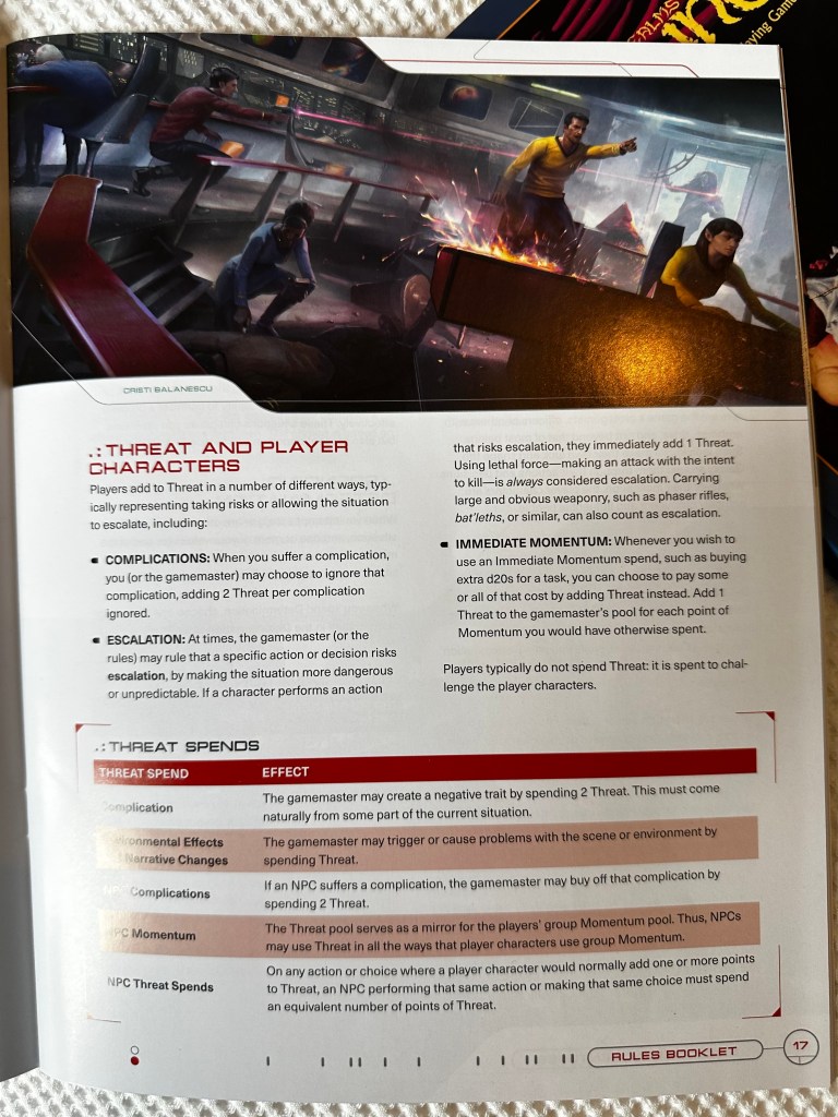 Threat and Player Characters section of the Rules Booklet includes an illustration of a TOS era ship bridge in a serious situation.