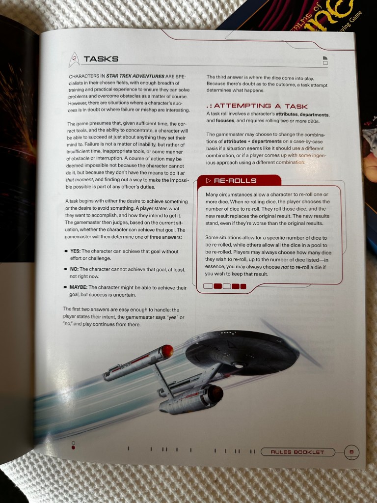 Tasks section of the Rules Booklet. Features an illustration of the USS Challenger in flight.