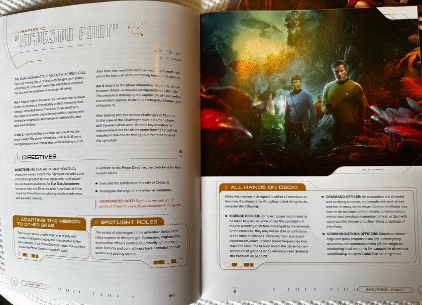 Opening page of the adventure, Incursion Point. Two page spread. One page features and illustration of Kirk and Spock.