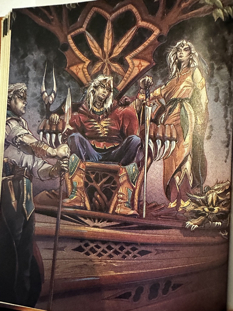 An elven king on his throne with a guard on one side and an elven woman on the other