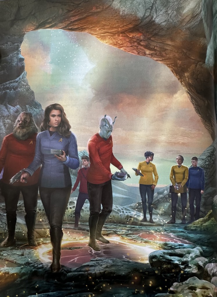 A variety of TOS era Star Fleet officers on the surface of a planet.