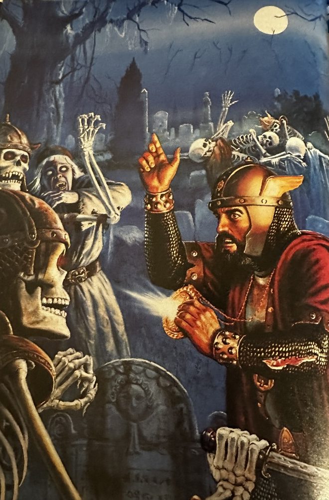 A bearded cleric, dressed in a golden winged helm, attempts to turn a group of undead in a graveyard.