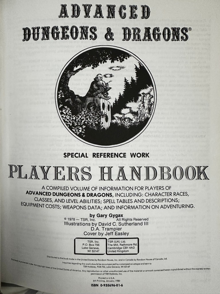 PHB page 4 - illustration with a wizard blowing smoke rings and the credits for the book. All writing credits are Gary Gygax.