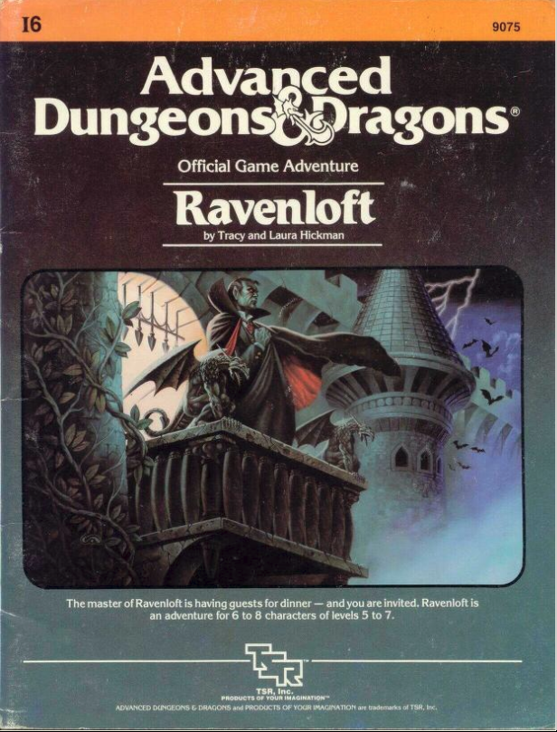 The Cover of Ravenloft. illustration by Clyde Caldwell shows the Vampire Lord, Strahd van Zarovich staring moodily from a darkened balcony.