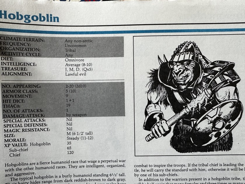 Hobgobln entry from the Monstrous Compendium for AD&D 2E