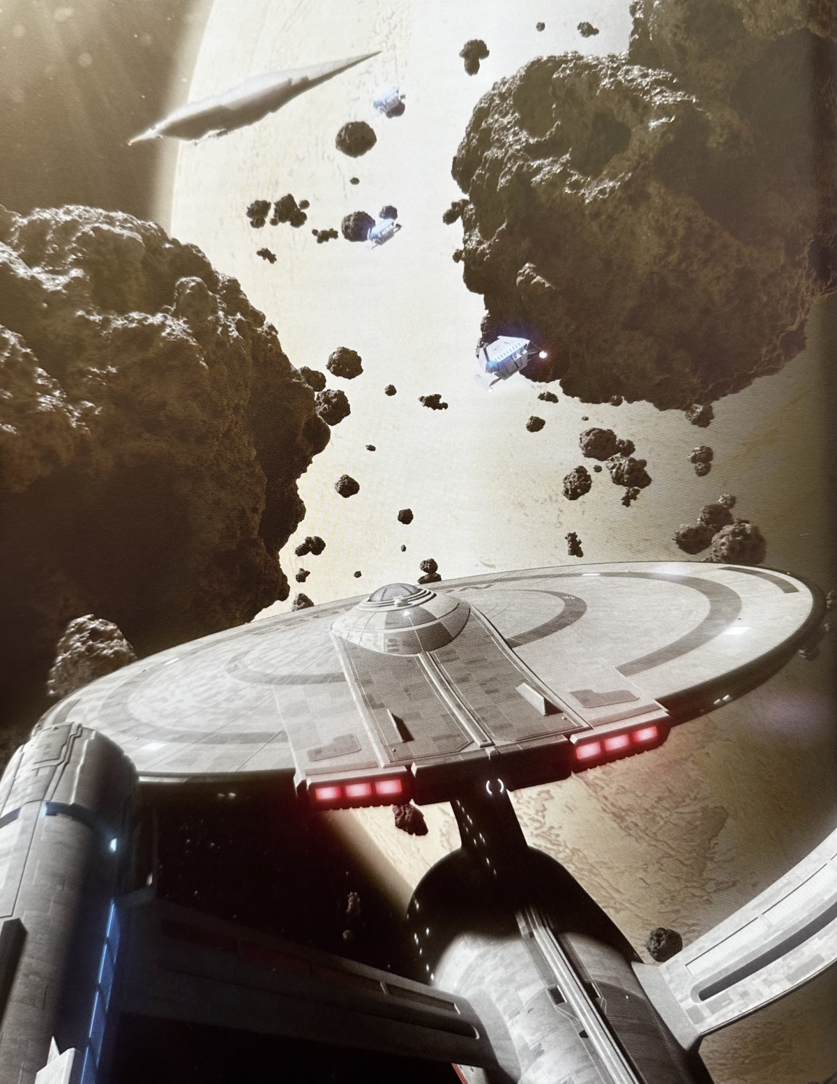 A star fleet ship flying through an asteroid field, pictured from the rear